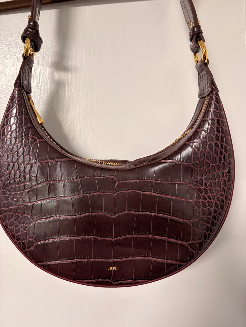 JW PEI Croc-Embossed Crescent Shoulder Bag in Burgundy